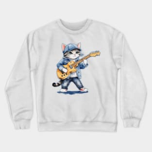 cute street cat wearing a denim blue jacket Crewneck Sweatshirt